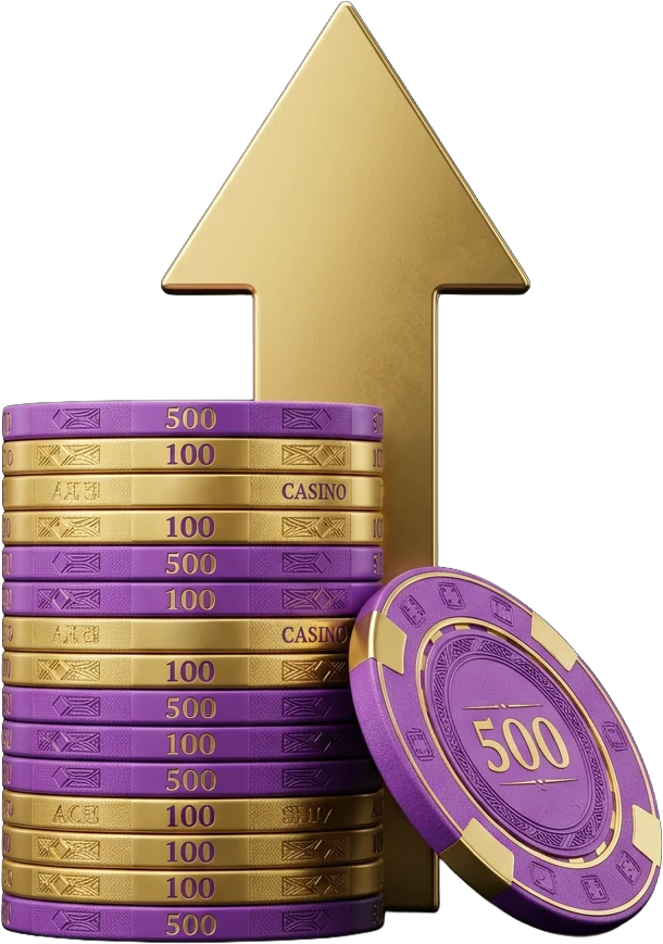Purple and gold poker chip stack showing chip values