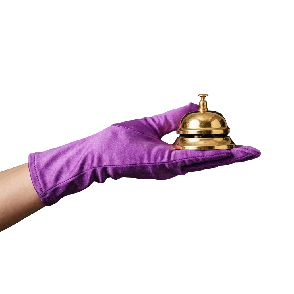 A satin-gloved hand holding a gold desk bell