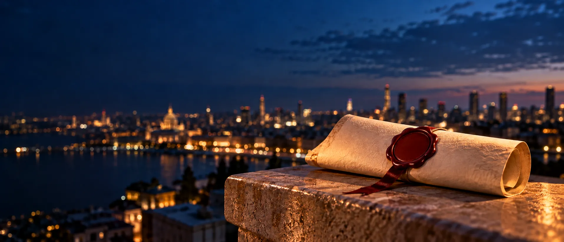 Wax-sealed document on a rooftop terrace ledge at night