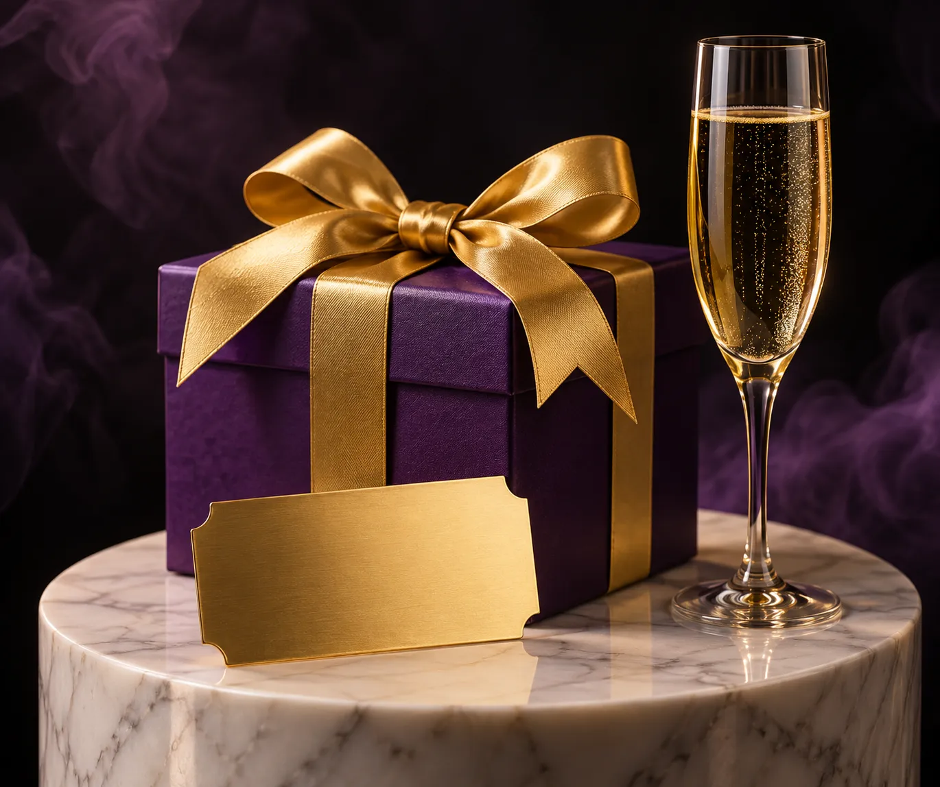 Gift box and golden ticket displayed on a marble pedestal