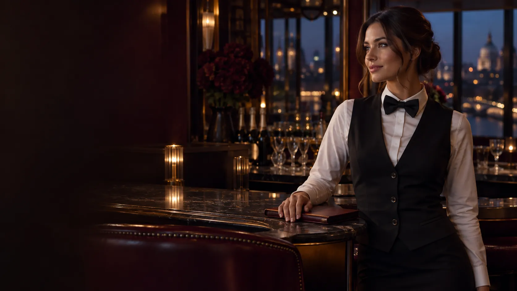 Croupier resting a hand on a closed diary at a quiet bar