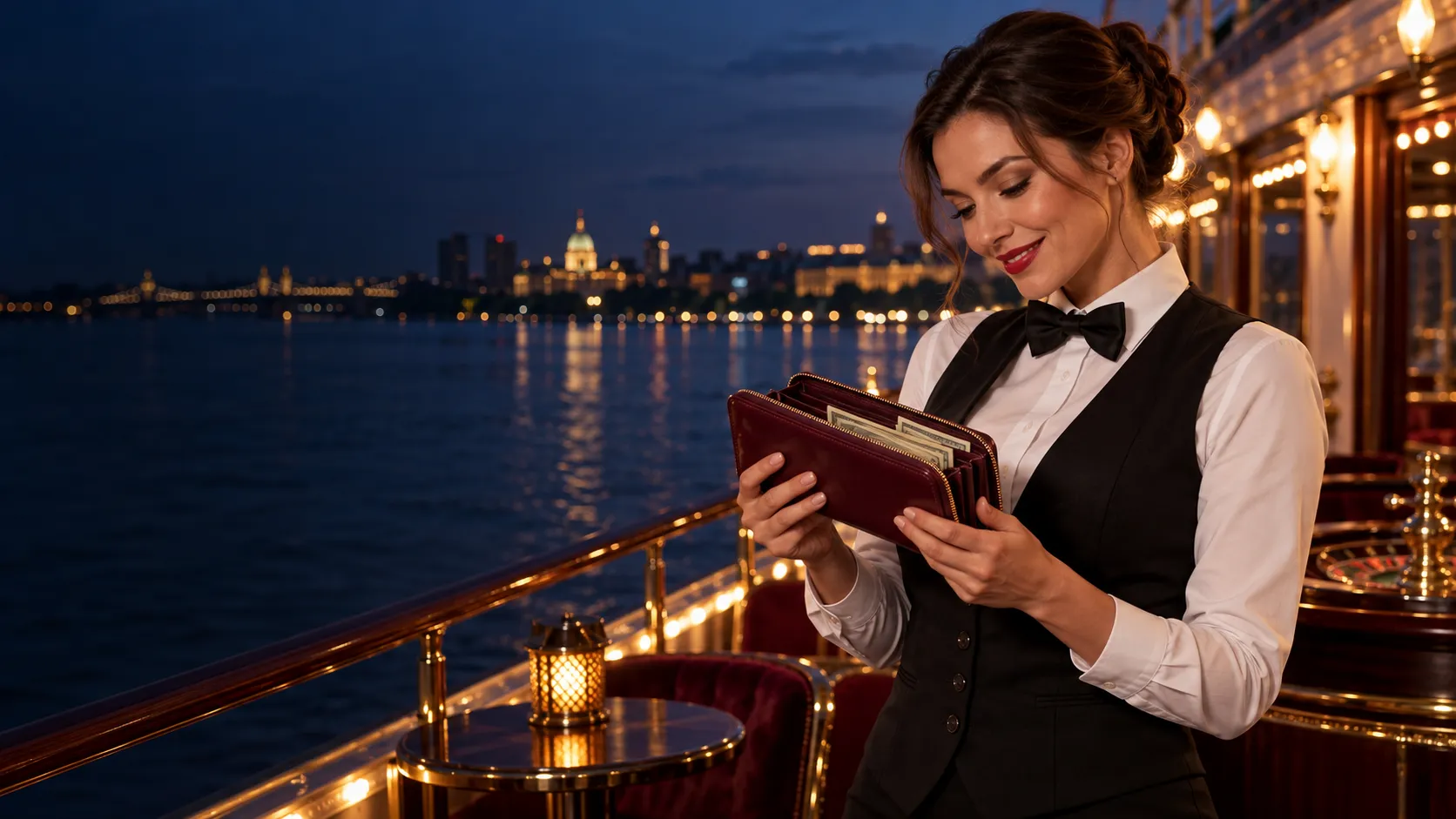 Croupier holding an open leather wallet on a riverboat casino deck