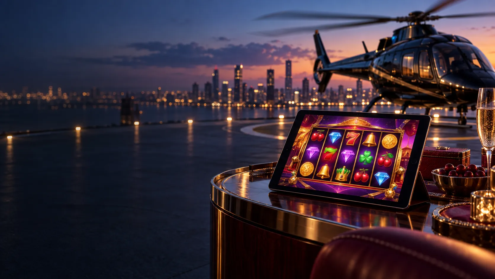 Tablet glowing with a slot-game screen beside a helicopter at dusk