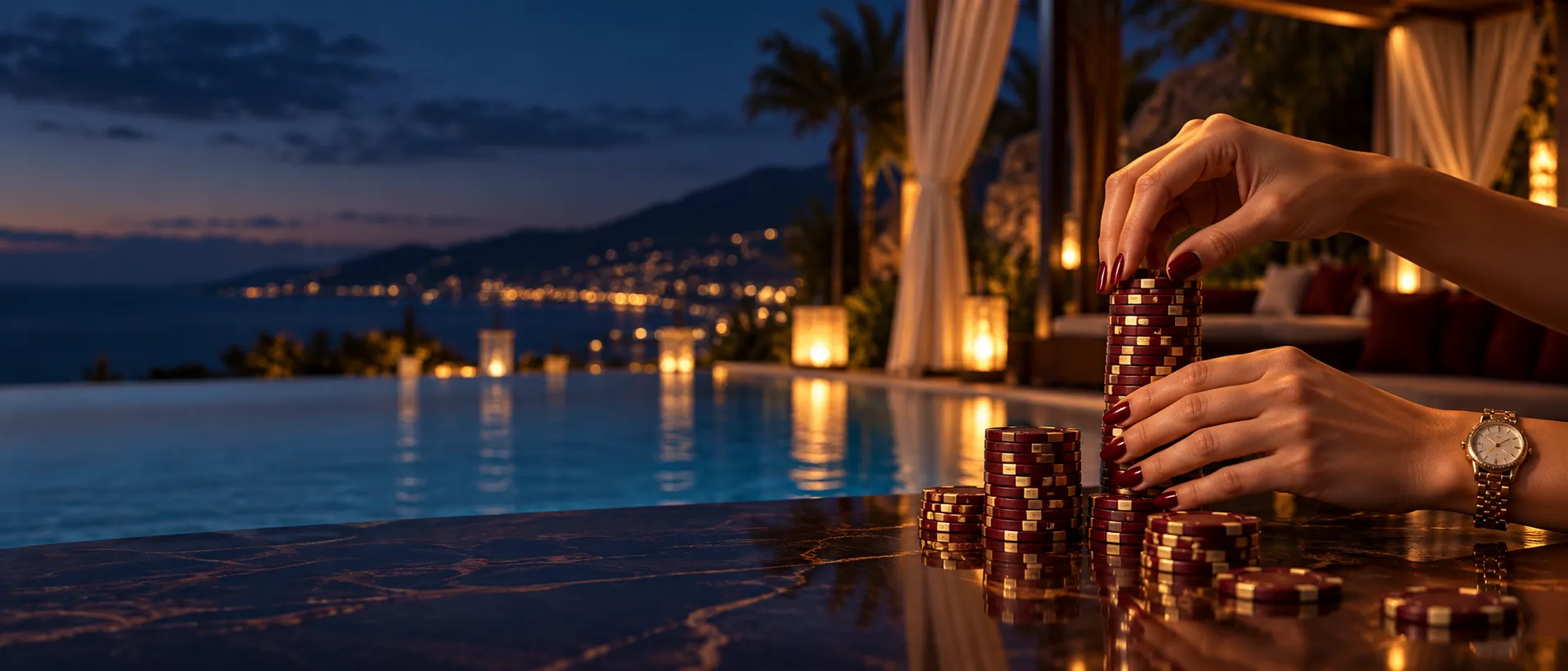 Hands stacking a tall pile of casino chips beside a resort pool