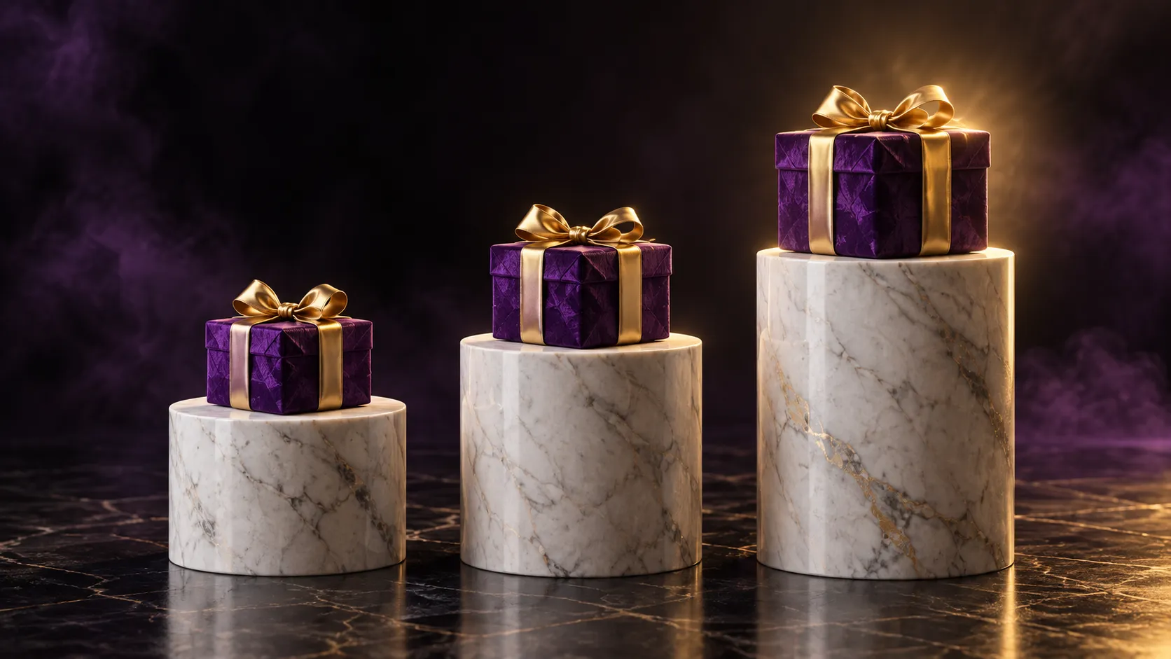 Three marble plinths standing in for the welcome bonus's four deposit steps