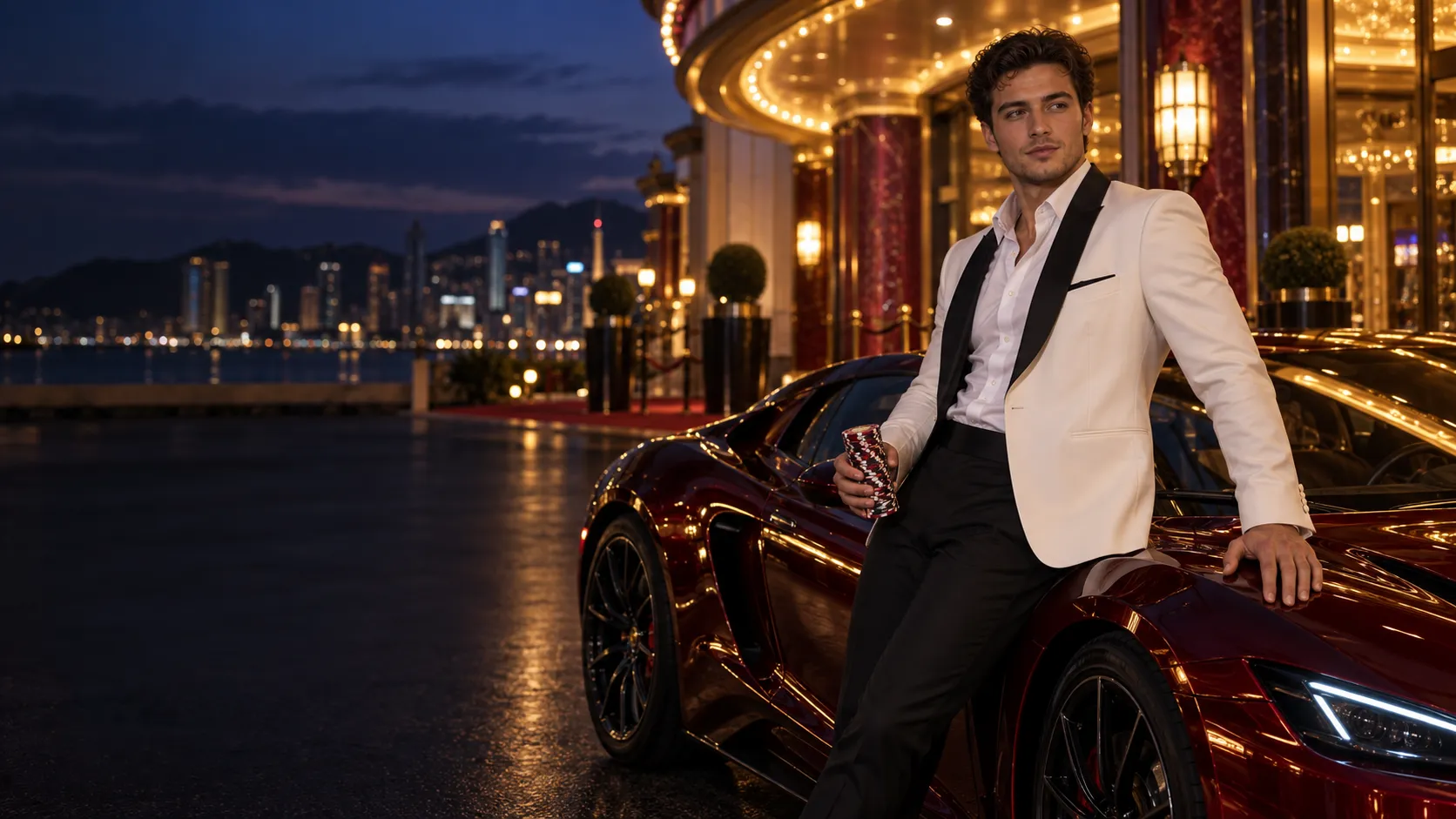 Man in a dinner jacket holding casino chips beside a supercar