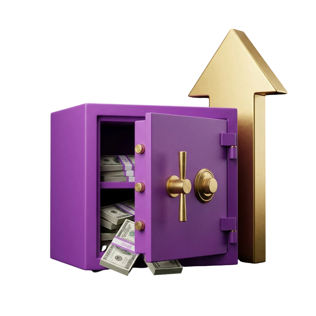 Purple fireproof safe with its door ajar and nothing on this guide stored inside