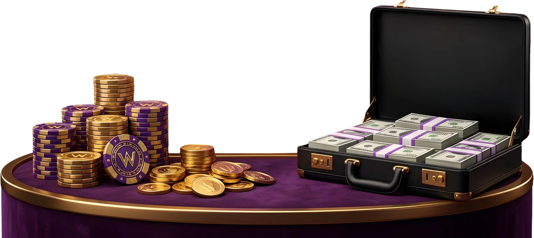 Stacked casino chips and cash beside an open case of banknotes