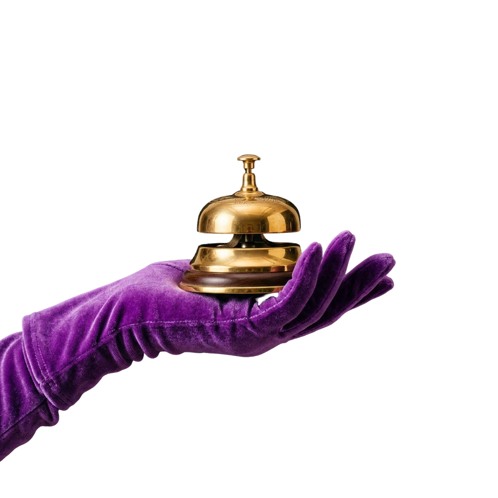A velvet-gloved hand rings a gold service bell, standing in for calling support