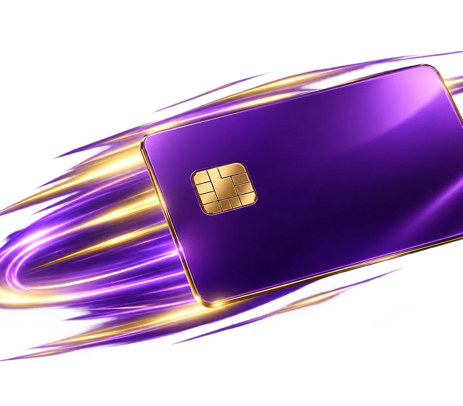 Mastercard-style purple payment card mockup used for casino deposits.