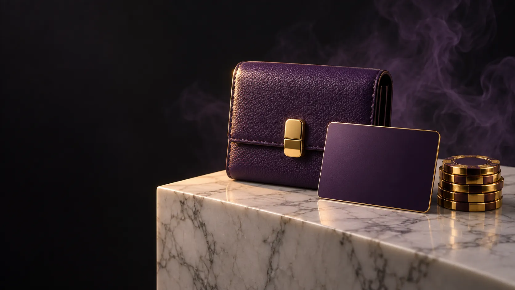 Leather wallet displayed on a stone plinth, symbolising casino payment options.