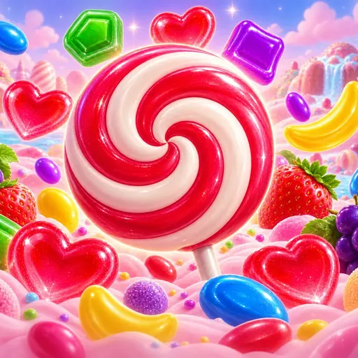 Sweet Bonanza pokie cover artwork with candy and fruit symbols